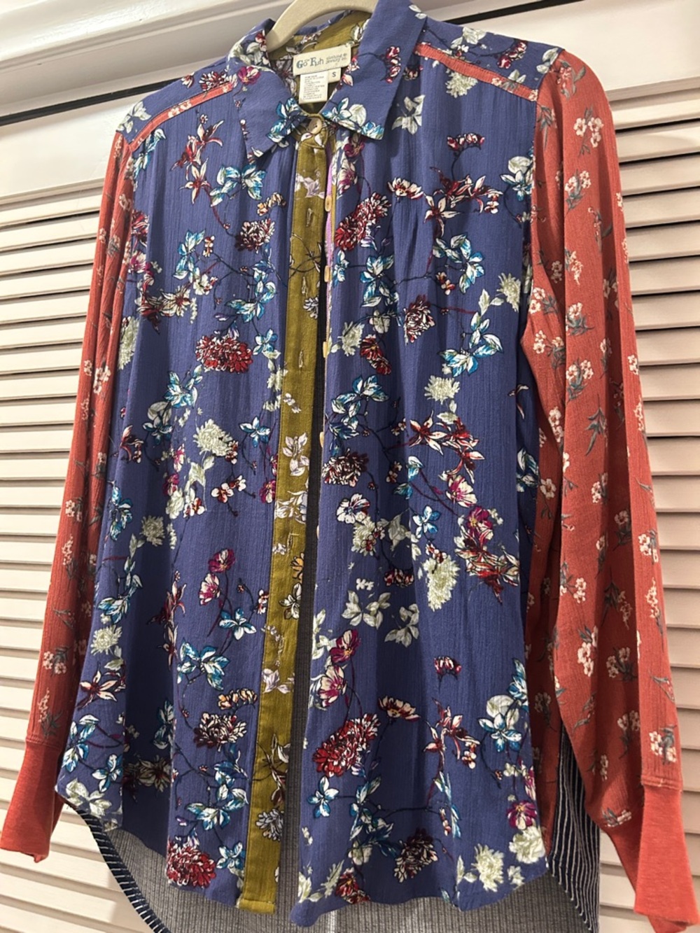 Mixed-Print Floral Button-Up Blouse in Navy, Rust & Olive